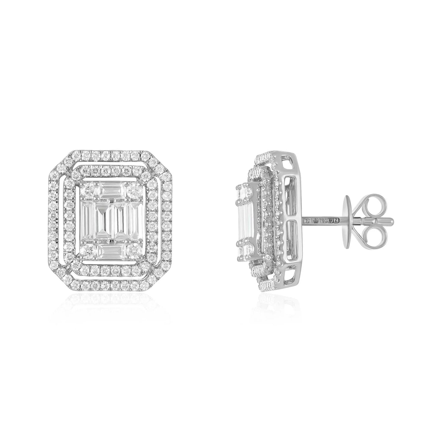 18ct White Gold Baguette & Round Diamond Double Halo Earring