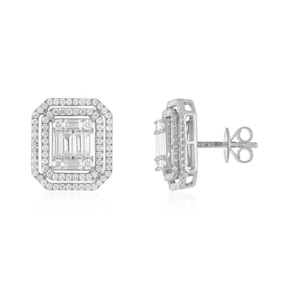 18ct White Gold Baguette & Round Diamond Double Halo Earring