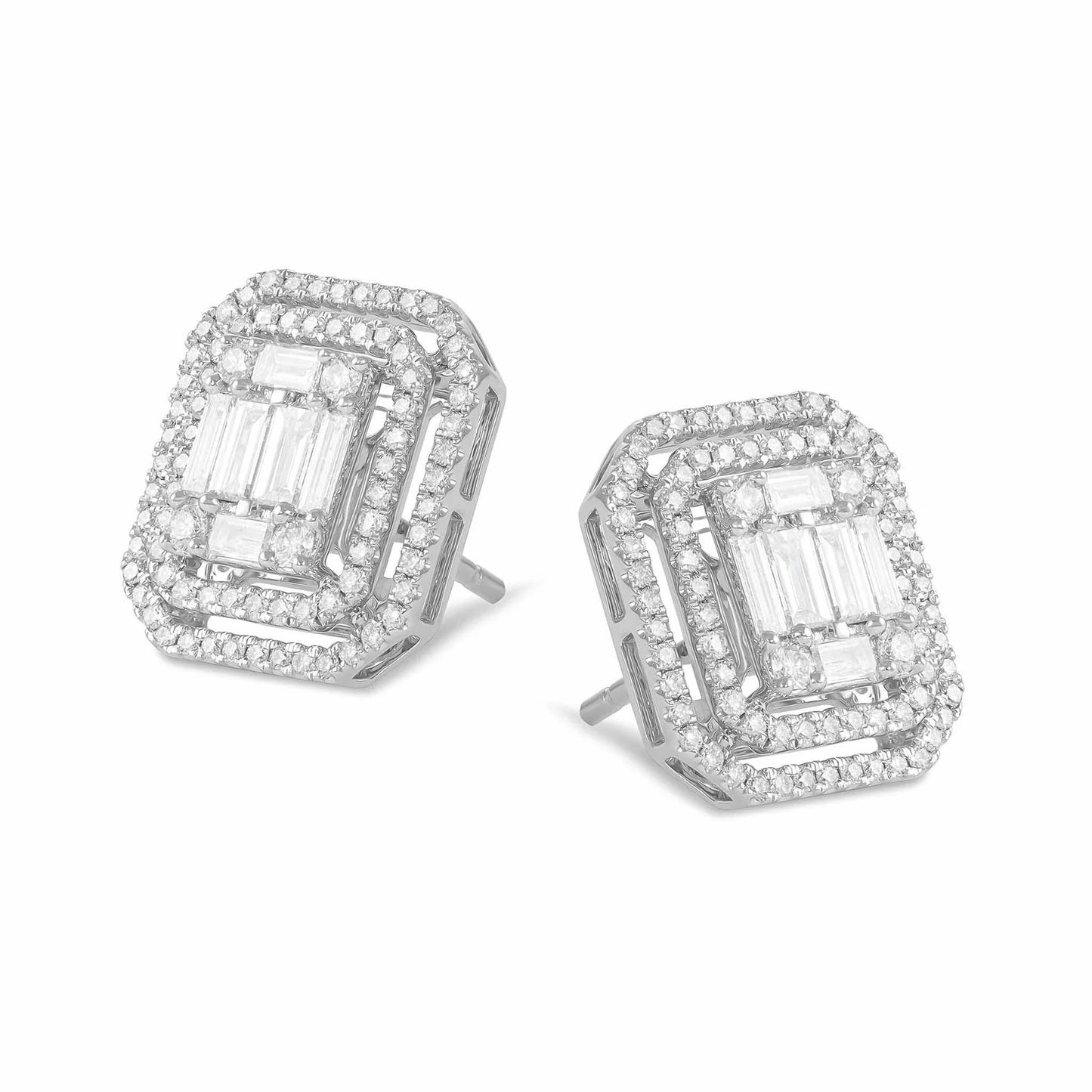 18ct White Gold Baguette & Round Diamond Double Halo Earring
