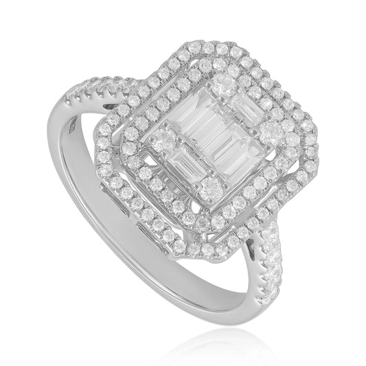 18ct White Gold Baguette & Round Diamond Double Halo Ring