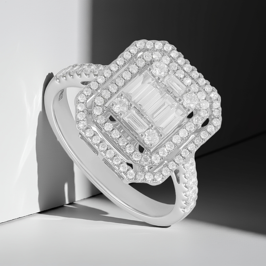 18ct White Gold Baguette & Round Diamond Double Halo Ring