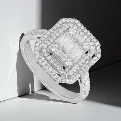 18ct White Gold Baguette & Round Diamond Double Halo Ring