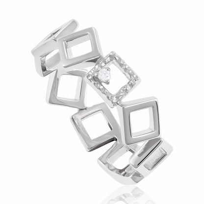 Sterling Silver Rhodium Plated Cubic Zirconia Geometric Ring