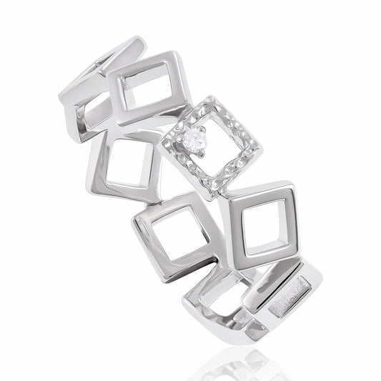 Sterling Silver Rhodium Plated Cubic Zirconia Geometric Ring