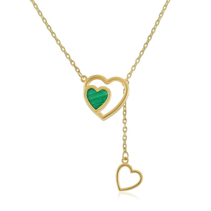 9ct Yellow Gold Double Heart Green Stone Pendant Necklace