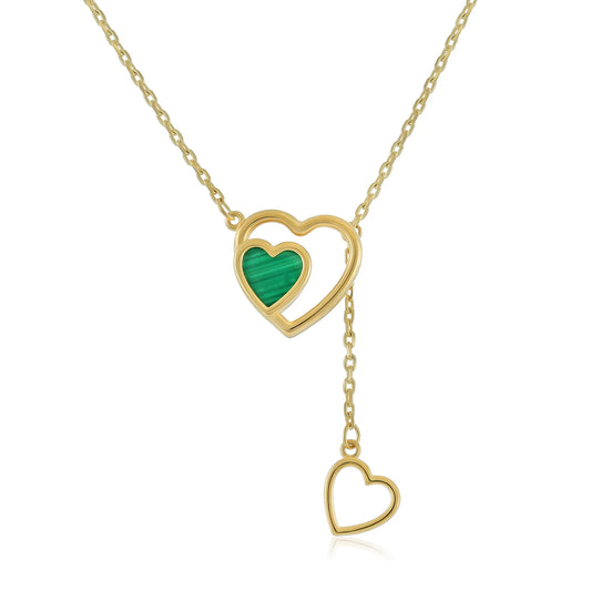 9ct Yellow Gold Double Heart Green Stone Pendant Necklace