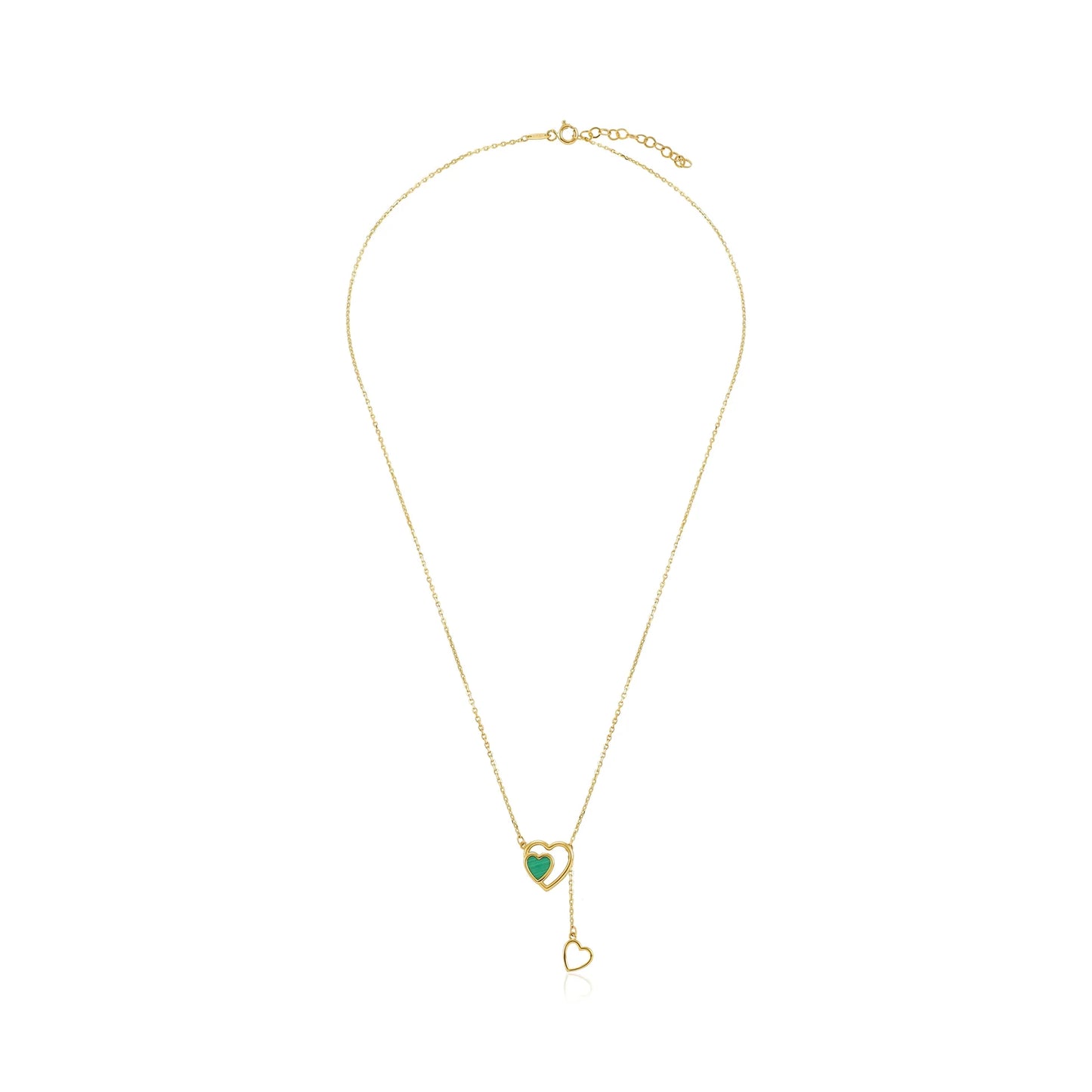 9ct Yellow Gold Double Heart Green Stone Pendant Necklace