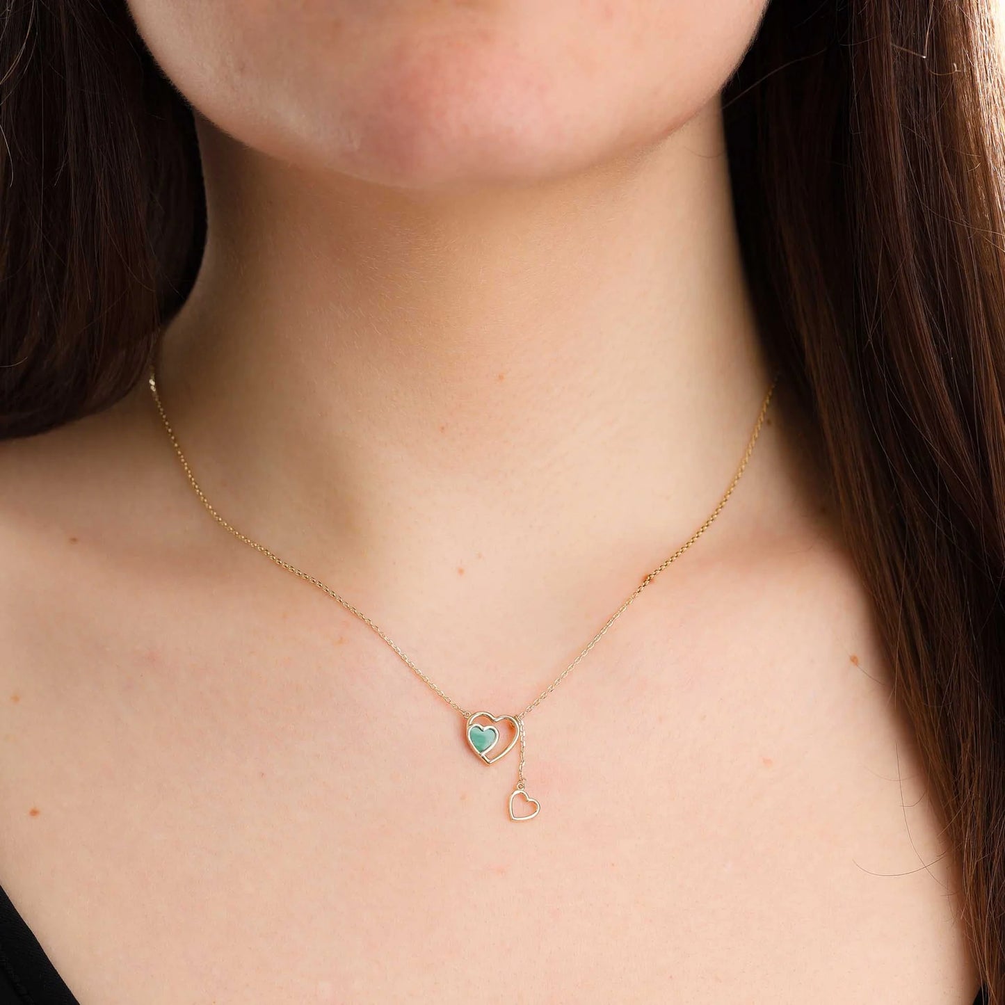 9ct Yellow Gold Double Heart Green Stone Pendant Necklace
