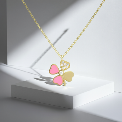 925 Sterling Silver Pink Cubic Zirconia Clover Necklace