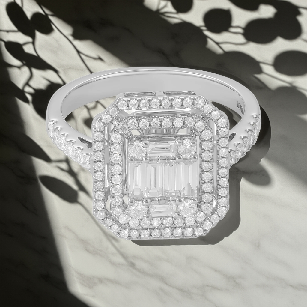 18ct White Gold Baguette & Round Diamond Double Halo Ring