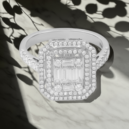 18ct White Gold Baguette & Round Diamond Double Halo Ring