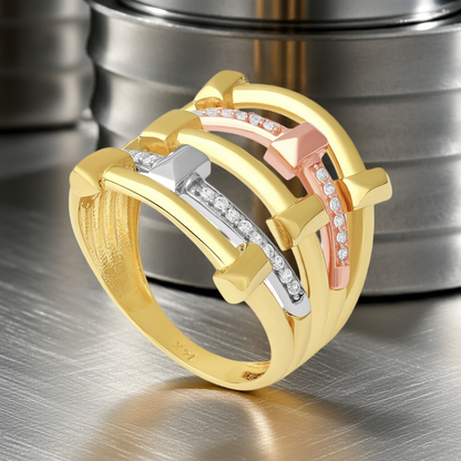 14ct Tri Colour Gold Cubic Zirconia Caged Ring