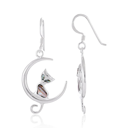 925 Sterling Silver Cat and Moon Drop Earrings