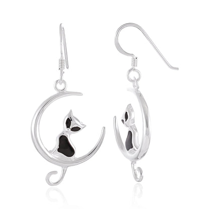 925 Sterling Silver Cat and Moon Drop Earrings