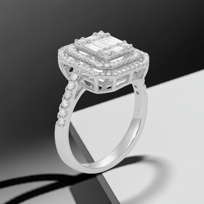 18ct White Gold Baguette & Round Diamond Double Halo Ring
