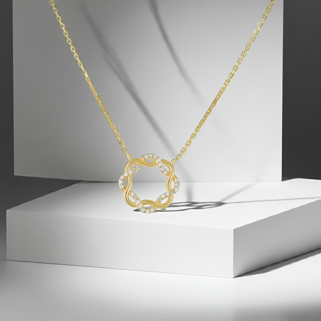 9ct Yellow Gold Cubic Zirconia Interlocking Circle Pendant Necklace