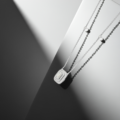 18ct White Gold Baguette & Round Diamond Double Halo Necklace